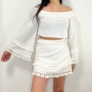 White Boho Fringe Off Shoulder Crop Top Mini Skirt 2 Piece Outfit Set Small